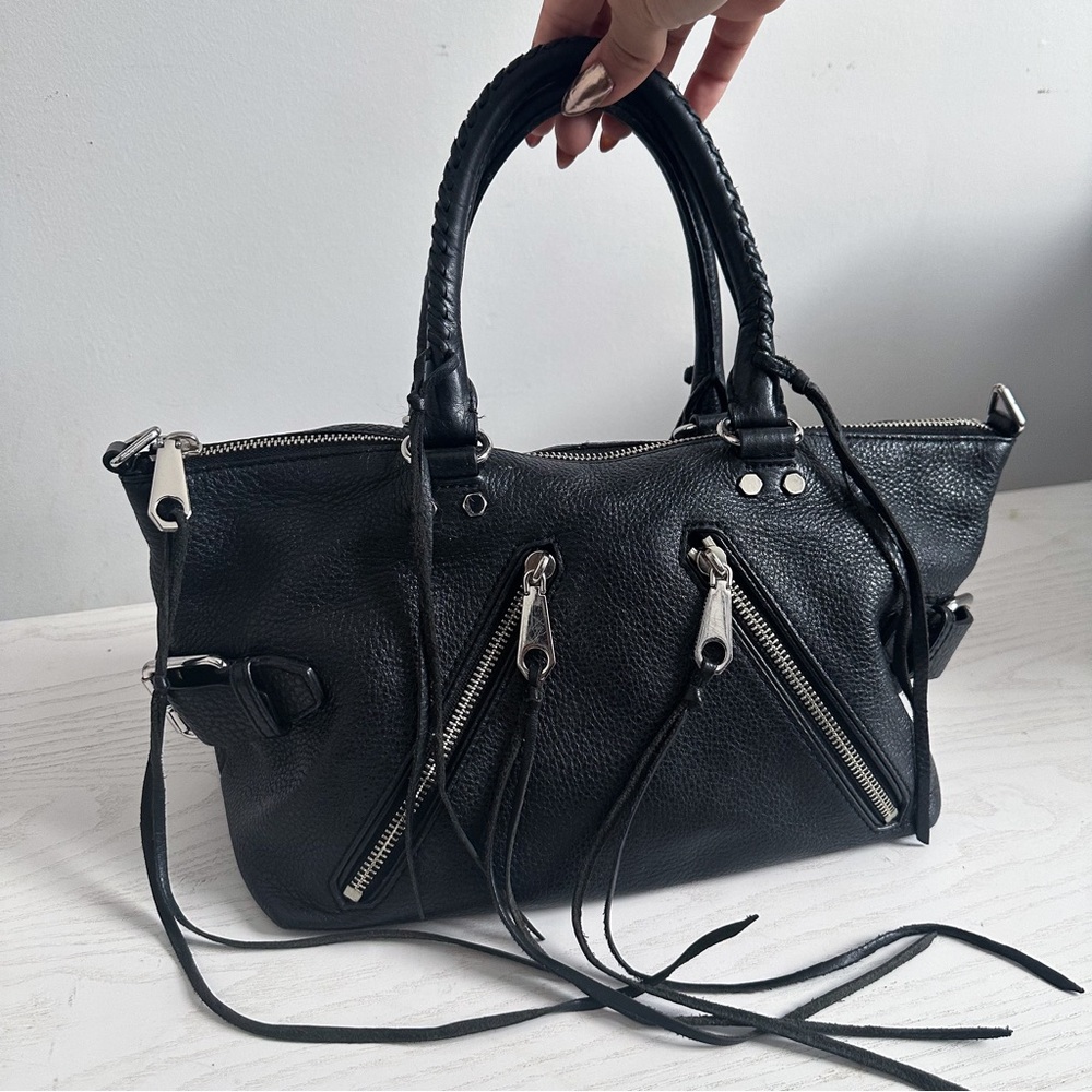 Rebecca Minkoff Moto Crossbody Satchel in Black Pebbled Leather